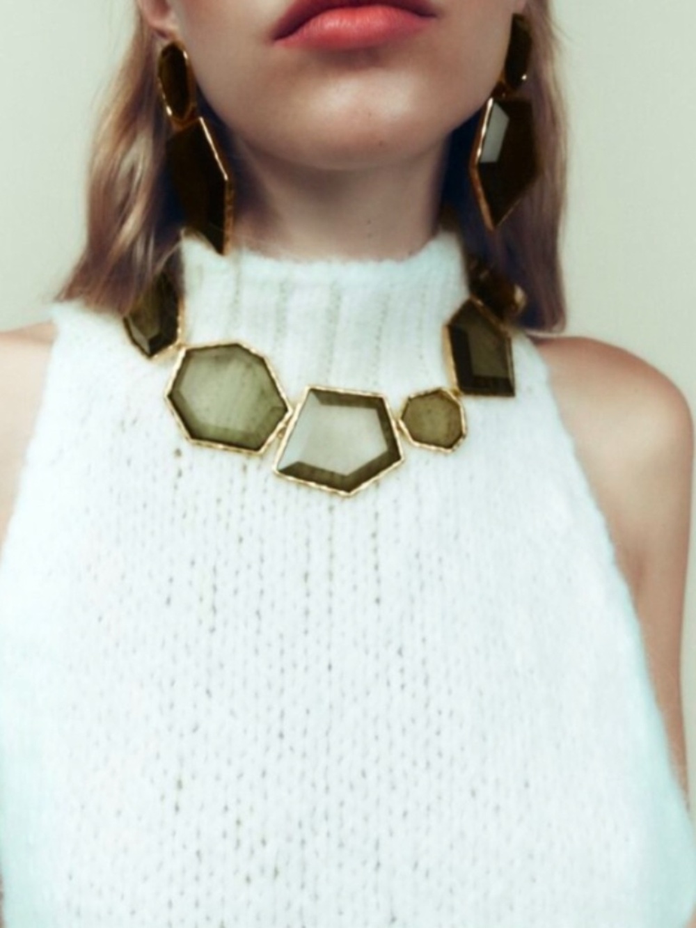 Zara Gold-Tone Geometric Statement Necklace with Olive Stones